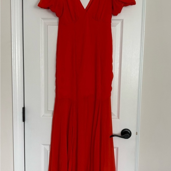NWT ASOS Orange Chiffon Midi Dress Puff Sleeves Deep V Neck Ruffle Bottom Sz 4 - Picture 5 of 7